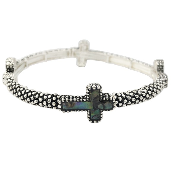 Christian Cross Abalone Shell Inlay Silver Tone Stretch Bracelet - Picture 1 of 2